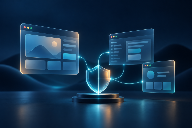 Abstract website interfaces and a protective shield on a navy background