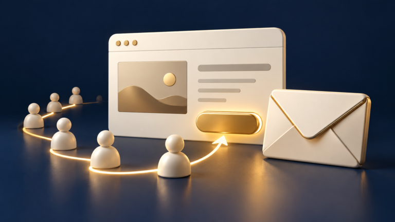 Website contact button and envelope connected to visitor icons.