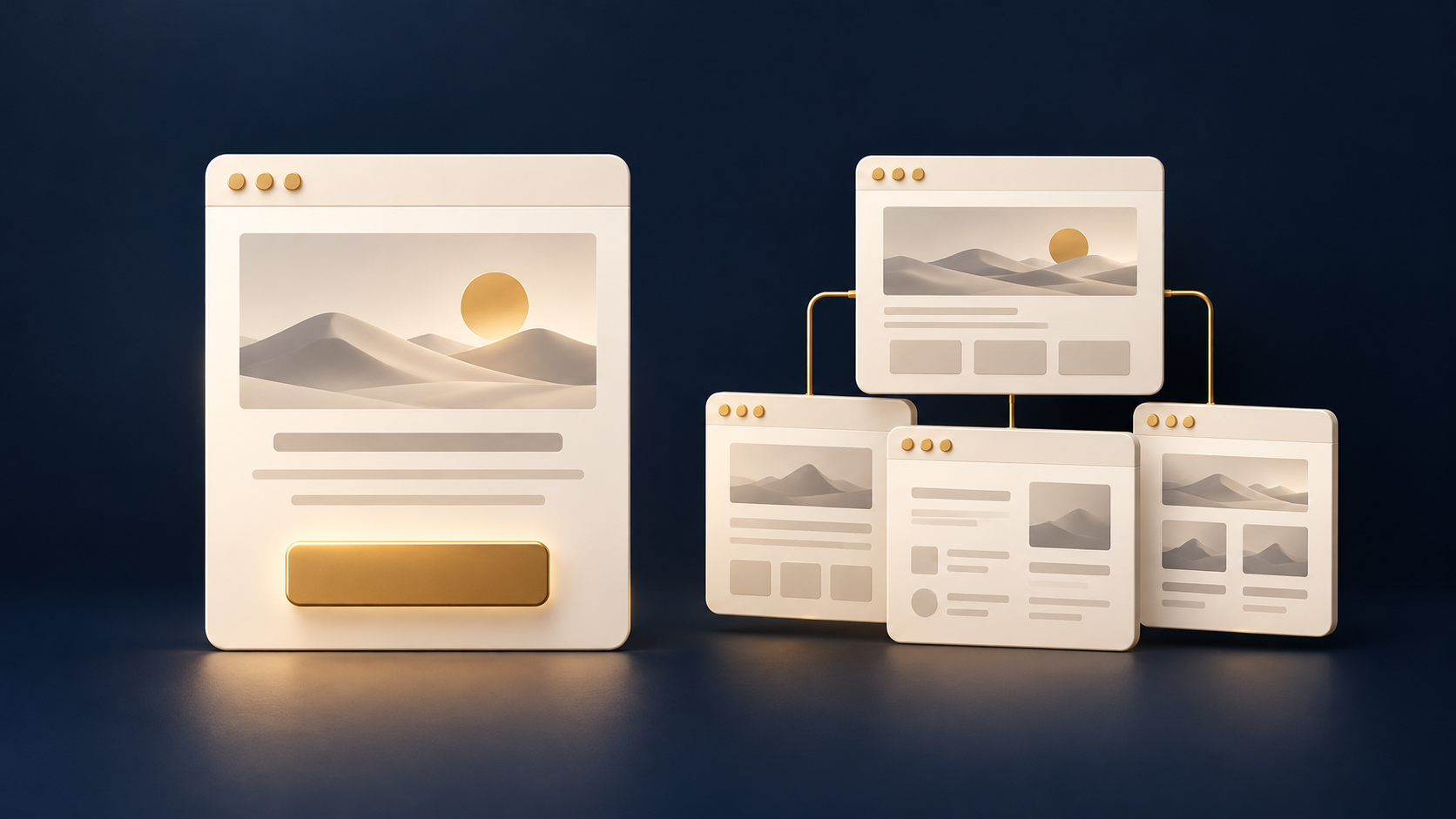 A focused landing page beside a connected group of website pages.