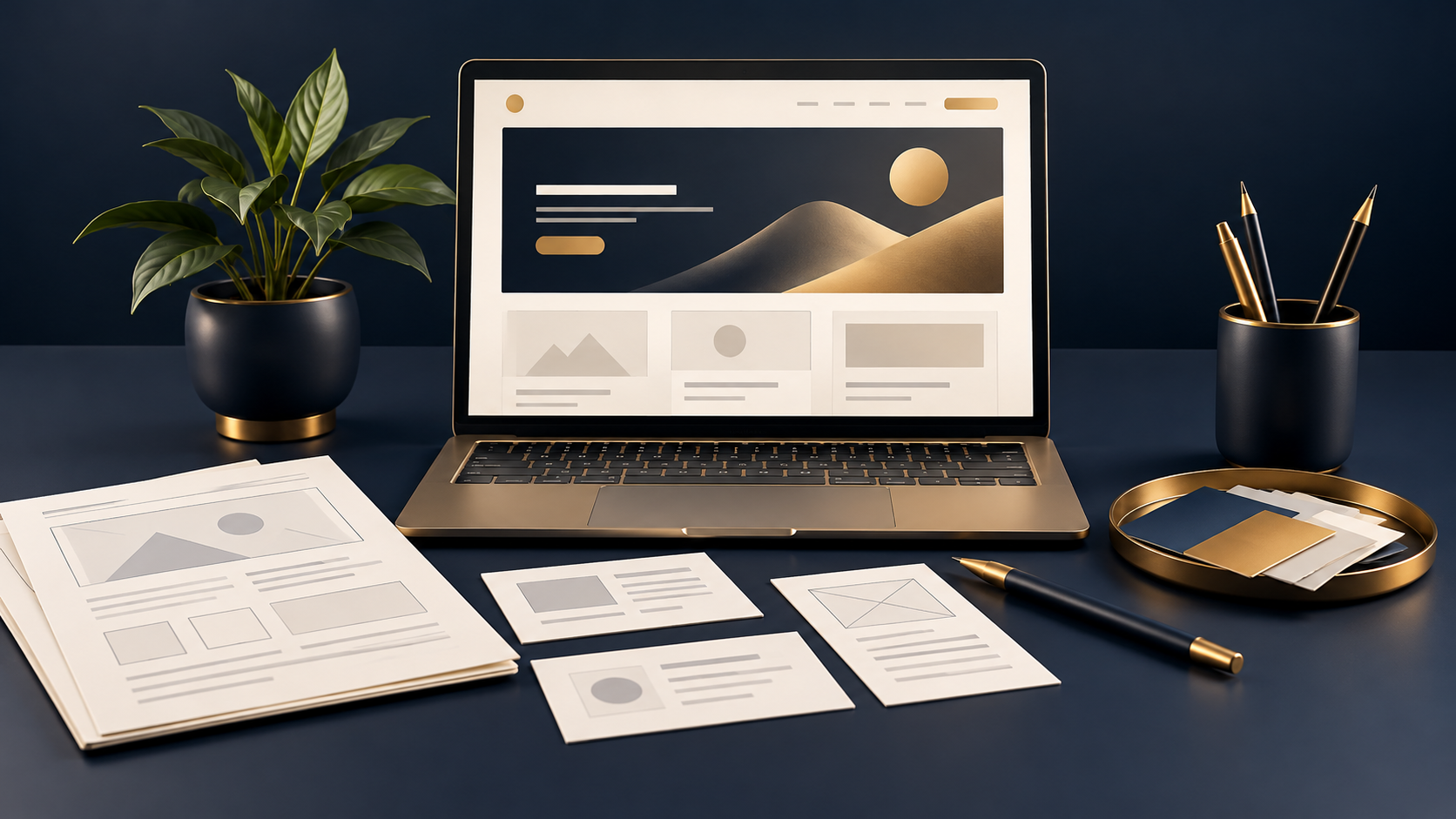 Website redesign workspace with wireframes, color swatches and a laptop.