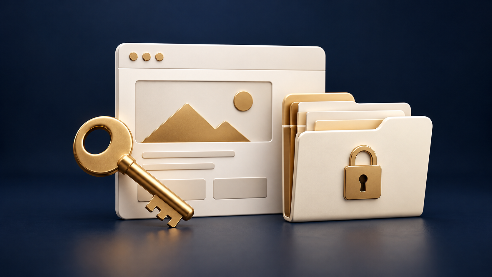 Gold key and protected files beside a website layout.