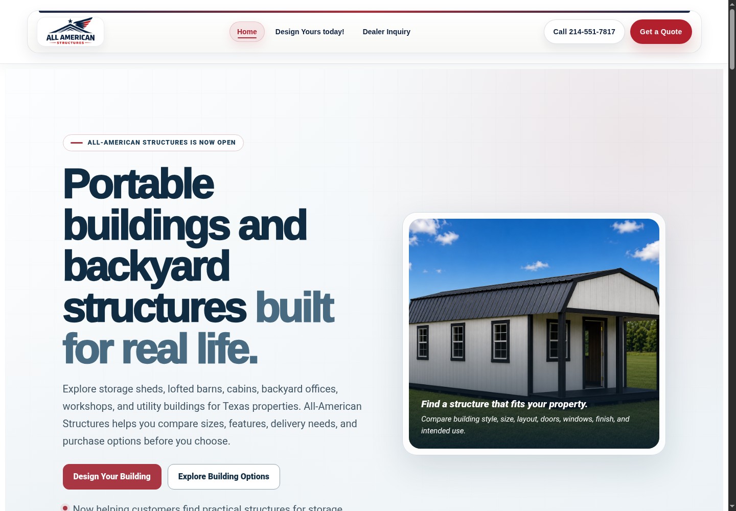 All American Structures website project shown on its public homepage