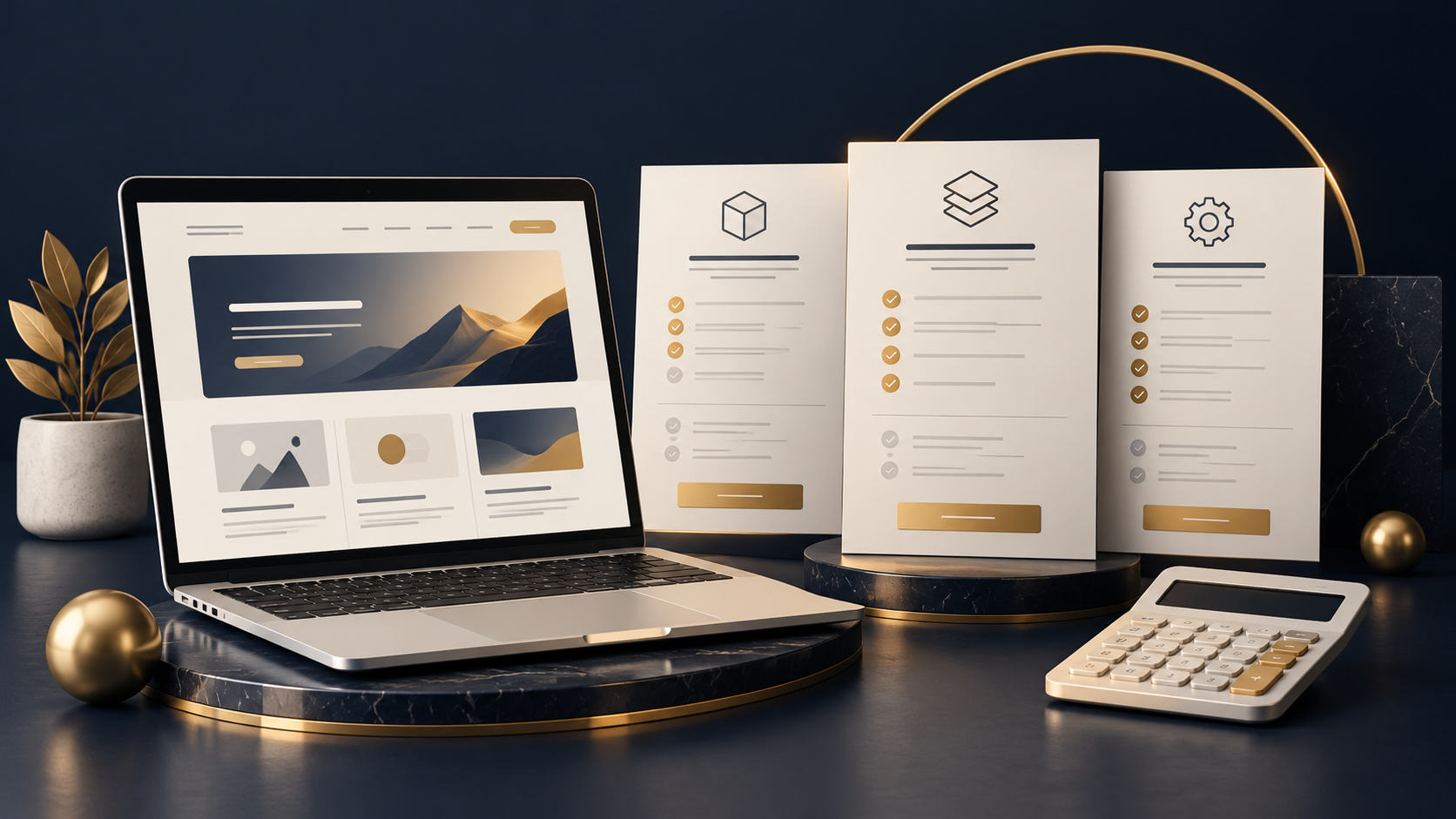 Laptop, proposal comparison cards and calculator for planning website costs.