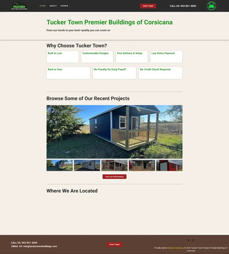 Tucker Town Premier Buildings website project by Sanctus Solutions