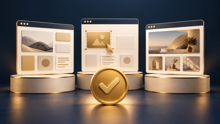 Three different website builder layouts displayed side by side.