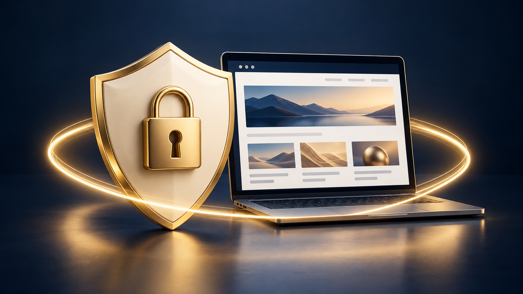 Gold padlock shield protecting a laptop website.