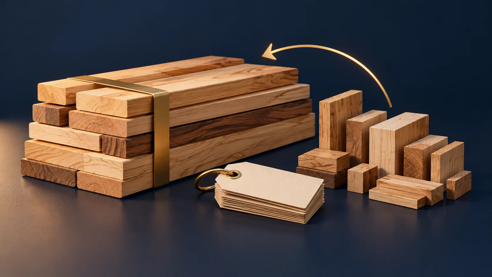 Conceptual illustration of wood stock, sorted offcuts and blank inventory tags with a gold reuse arrow.