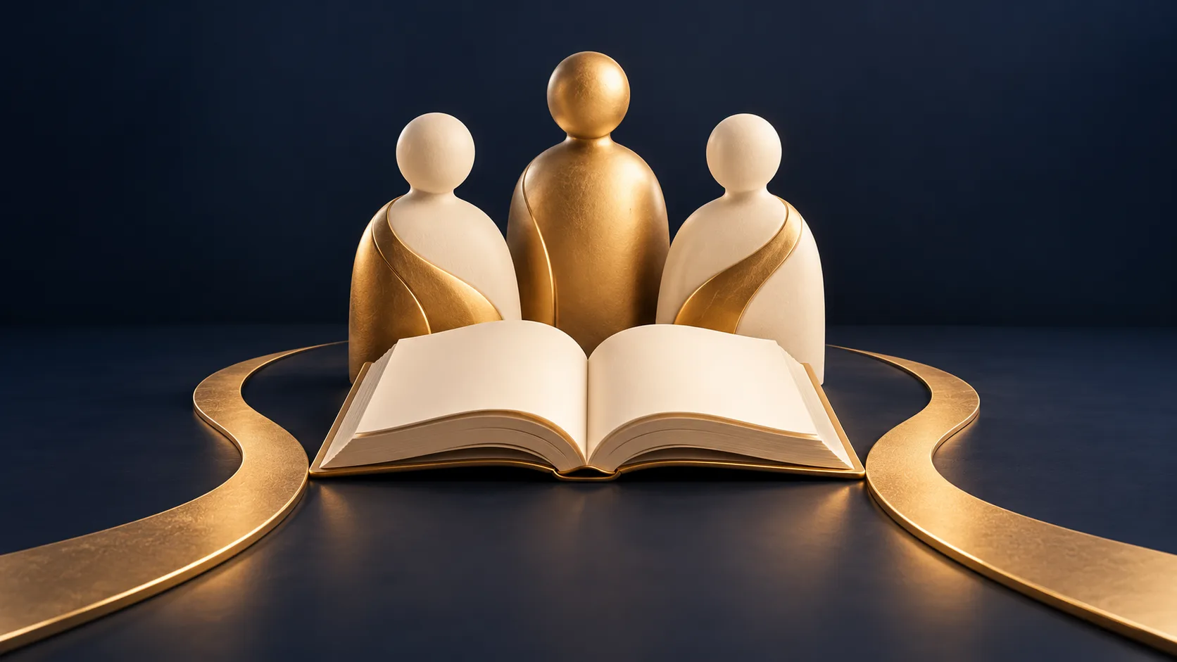 Conceptual illustration of an open book and three abstract figures approached by gold paths.