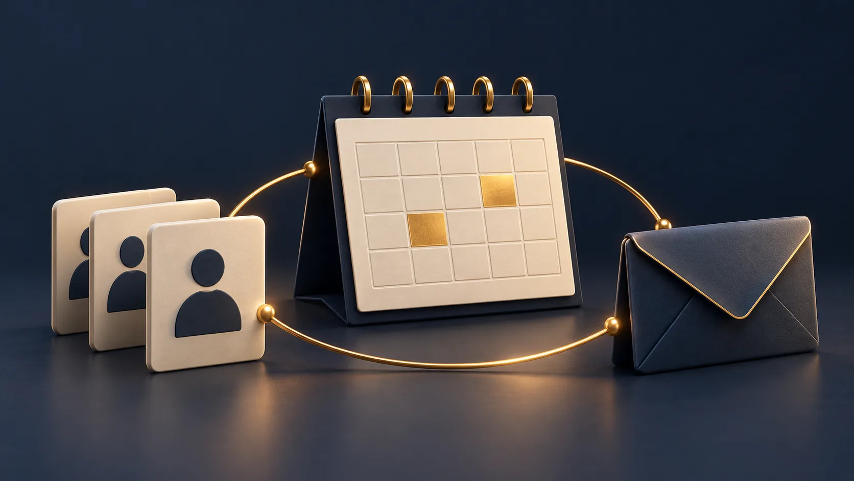 Conceptual illustration of a calendar, membership cards and an envelope linked by a gold arc.