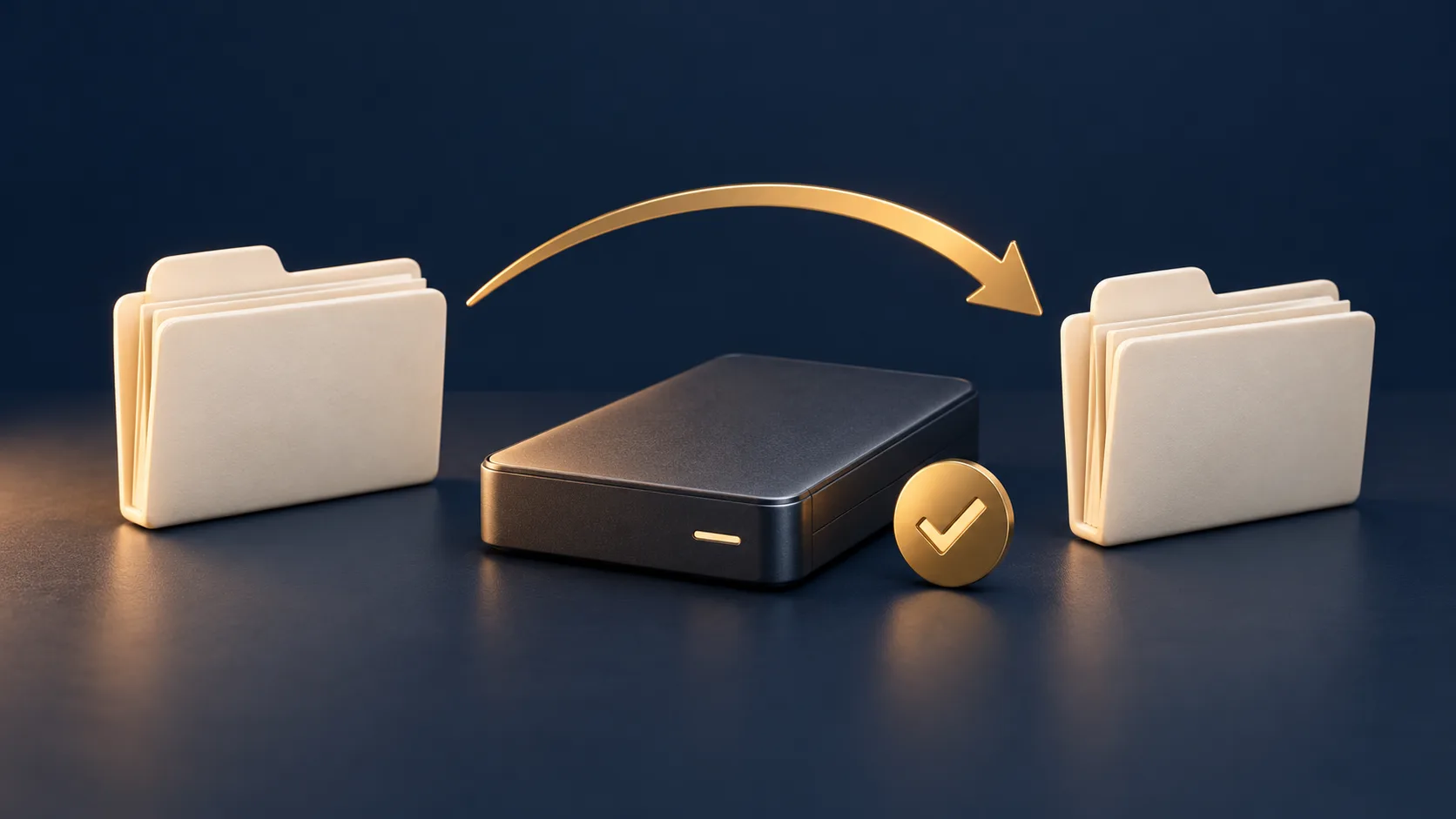 Conceptual illustration of an external drive, two separate file folders, a recovery arrow and a checkmark.